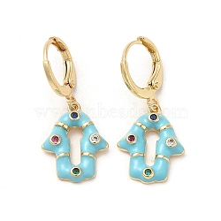 Hamsa Hand Real 18K Gold Plated Brass Dangle Hoop Earrings, with Cubic Zirconia and Enamel, Pale Turquoise, 29x13mm(EJEW-L268-040G-02)
