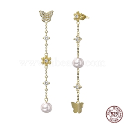 925 Sterling Silver Flower & Butterfly Asymmetrical Earrings with Cubic Zirconia, Natural Pearl Beaded Taseel Stud Earrings, with S925 Stamp, Golden, 56mm(EJEW-P231-31G)