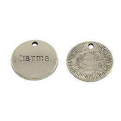 Tibetan Style Alloy Pendants, Flat Round with Word Karma, Lead Free & Cadmium Free, Antique Silver, 20x2mm, Hole: 2mm, about 170pcs/515g(TIBEP-12583-AS-RS)