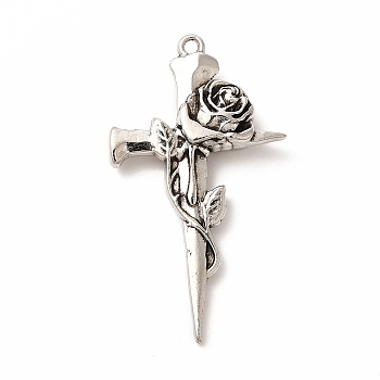 Tibetan Style Alloy Big Pendants, Cross with Rose Charm, Antique Silver, 55.5x31x7.5mm, Hole: 2.5mm
