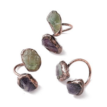 Natural Fluorite & Amethyst Irregular Nugget Open Cuff Ring, Red Copper Brass Chunky Ring for Women, Cadmium Free & Lead Free, US Size 12 3/4(22mm)