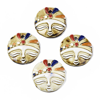 Handmade Porcelain Pendants, Flat Round with Face Pattern, Lemon Chiffon, 46~47.5x44~46.5x11~12.5mm, Hole: 4.5mm