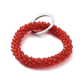 Glass Beaded Bracelet Wrist Keychain, with Iron Key Ring, Red, 9cm