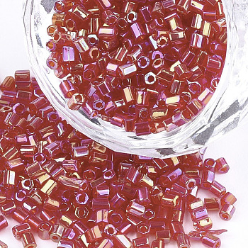 Grade A Glass Seed Beads, Hexagon(Two Cut), Transparent Colours Rainbow, FireBrick, 1.5~2.5x1.5~2mm, Hole: 0.8mm, about 2100pcs/bag, 450g/bag