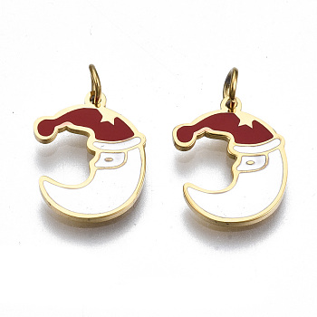 316 Surgical Stainless Steel Enamel Charms, for Christmas, with Jump Rings, Moon, Real 14K Gold Plated, 13.5x10.5x1mm, Jump Ring: 3.8x0.6mm, 2.6mm inner diameter