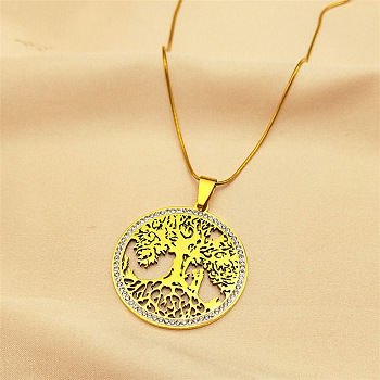 304 Stainless Steel Hollow Tree of Life Pendant Necklaces, with Polymer Clay Rhinestones, Flat Round, Real 18K Gold Plated, 15.94 inch(40.5cm)