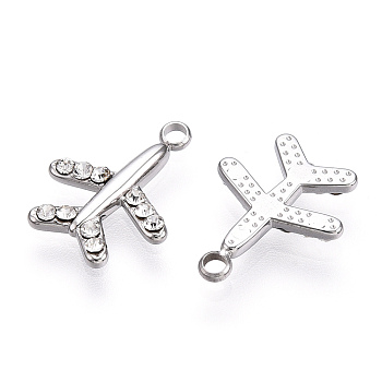 304 Stainless Steel Charms, Manual Polishing, with Rhinestone, Airplane Charm, Stainless Steel Color, 14x11x2mm, Hole: 1.4mm