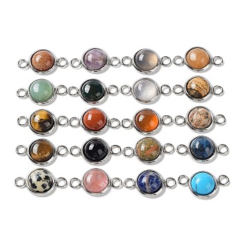 Natural & Synthetic Mixed Stone Connector Charms, Half Round/Dome Links with Stainless Steel Color Plated 304 Stainless Steel Frame, 17.5x10x3.5~4mm, Hole: 2.5mm