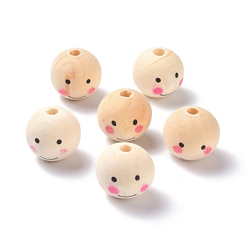 (Defective Closeout Sale: Imprinted), Natural Wood Beads, Large Hole Beads, Round with Smile Face, PapayaWhip, 24x23mm, Hole: 5mm, about 100pcs/500g