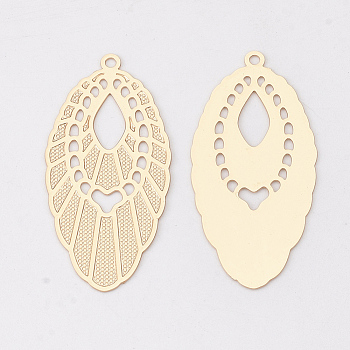 Brass Pendants, Etched Metal Embellishments, Long-Lasting Plated, Leaf, Light Gold, 34.5x16.5x0.3mm, Hole: 1.4mm