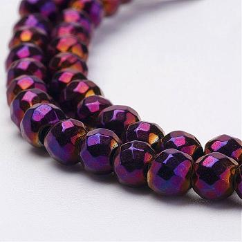 Electroplate Magnetic Synthetic Hematite Strands, Round, Grade A, Faceted, Purple Plated, 4mm, Hole: 1mm, about 108pcs/strand, 15.55 inch