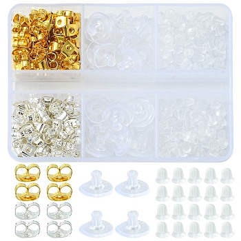 400Pcs 4 Style Iron & Plastic Ear Nuts, Bell Ear Nuts & Friction Ear Nuts & Clutch Earring Backs, Golden & Silver, 4~10x4~6x3mm, Hole: 0.7~1mm