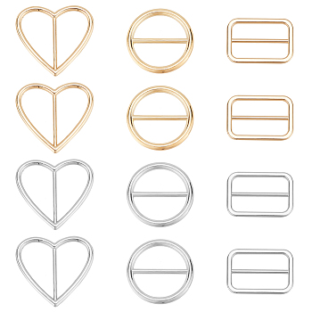 WADORN 12Pcs 6 Style Alloy Buckle Clasps, For Webbing, Strapping Bags, Garment Accessories, Heart/Rectangle/Flat Round, Mixed Color, 30~30.5x21~30.5x3mm, Hole: 23~25mm, 2pcs/style