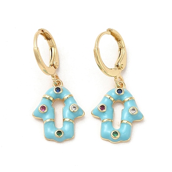 Hamsa Hand Real 18K Gold Plated Brass Dangle Hoop Earrings, with Cubic Zirconia and Enamel, Pale Turquoise, 29x13mm