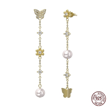 925 Sterling Silver Flower & Butterfly Asymmetrical Earrings with Cubic Zirconia, Natural Pearl Beaded Taseel Stud Earrings, with S925 Stamp, Golden, 56mm
