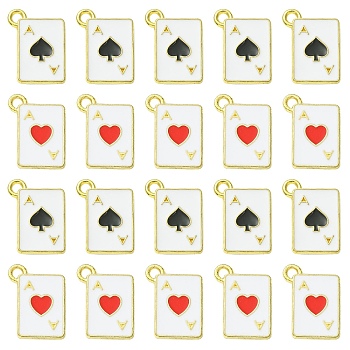 40Pcs 2 Styles Golden Alloy Enamel Pendants, Rectangle with Playing Card Charm, Spade/Heart, Mixed Color, 15.5x11.5x1.3mm, Hole: 1.2mm, 20pcs/style