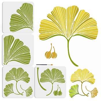 US 1 Set Autumn Theme PET Hollow Out Drawing Painting Stencils, with 1Pc Art Paint Brushes, Ginkgo Leaf, 300x300mm, 4pc/style