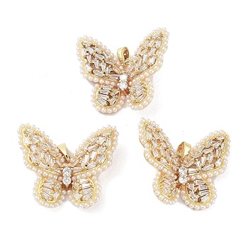 Rack Plating Brass Micro Pave Clear Cubic Zirconia with Plastic Imitation Pearl Pendants, Butterfly Charms, Long-Lasting Plated, Cadmium Free & Lead Free, Real 18K Gold Plated, 26x29x7.5mm, Hole: 3x5mm