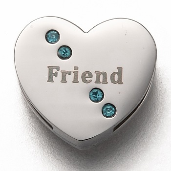 304 Stainless Steel Slide Charms, with Indian Sapphire Rhinestone, Heart with Word Friend, Stainless Steel Color, 12x13x3.5mm, Hole: 8x1.5mm