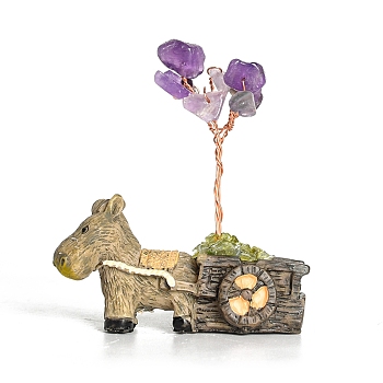 Resin Display Decorations, Reiki Energy Stone Feng Shui Ornament, with Natural Amethyst Tree and Copper Wire, Donkey, 59x64mm