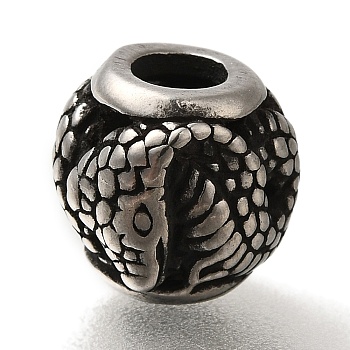 304 Stainless Steel European Beads, Large Hole Beads, Rondelle with Snake, Antique Silver, 9.5x9.5mm, Hole: 4mm