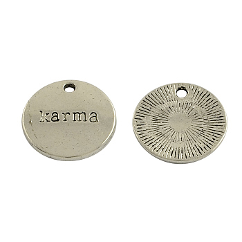 Tibetan Style Alloy Pendants, Flat Round with Word Karma, Lead Free & Cadmium Free, Antique Silver, 20x2mm, Hole: 2mm, about 292pcs/880g