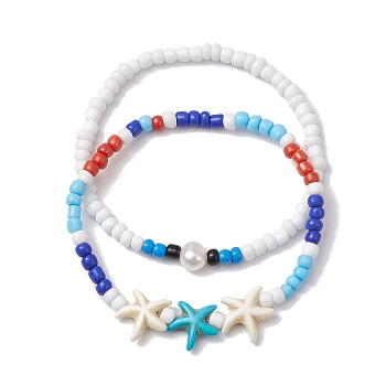 Summer Beach Starfish Synthetic Turquoise & Pearl Bracelet Sets, 4mm Round Glass Seed Beaded Stackable Stretch Bracelets for Women, Starfish, Inner Diameter: 2-1/8 inch(5.5cm), 1pc/style