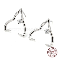 Rhodium Plated 925 Sterling Silver with Clear Cubic Zirconia Stud Earring Findings, for Half Drilled Beads, with S925 Stamp, Real Platinum Plated, 15x15mm, Pin: 10x07mm and 0.6mm(STER-Q192-01P)