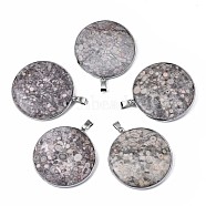Natural Plum Blossom Jade Pendants, with Platinum Plated Iron Bails, Flat Round, 45x41x7.5~8mm, Hole: 3x6.5mm(G-N334-002)