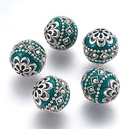 Handmade Indonesia Beads, with Metal Findings, Round, Antique Silver, Teal, 19.5x19mm, Hole: 1mm(IPDL-E010-20D)