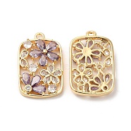 Real 18K Gold Plated Brass Pendant, with Glass, Rectangle with Flower Charms, Medium Purple, 25.5x16x4.5mm, Hole: 1.6mm(KK-B074-71G-03)