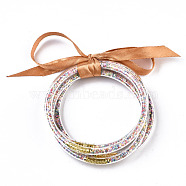 PVC Plastic Buddhist Bangle Sets, Jelly Bangles, with Paillette/Sequins and Polyester Ribbon, Colorful, 2-1/2 inch(6.5cm), 5pcs/set(BJEW-T008-18G)