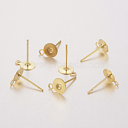 304 Stainless Steel Stud Earring Findings, with Loop, Flat Round, Real 24K Gold Plated, 8.5x6x0.3mm, Hole: 1.2mm, Pin: 0.8mm(STAS-F162-44G)