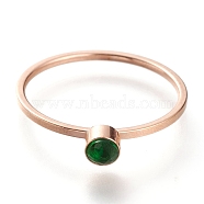 304 Stainless Steel Finger Rings, with Rhinestone, Flat Round, Rose Gold, Emerald, US Size 7~7 3/4(17.3~17.9mm)(RJEW-B0005-7-06RG)