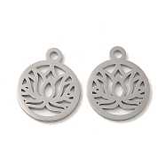 304 Stainless Steel Charms, Laser Cut, Flat Round with Lotus Charm, Stainless Steel Color, 14.5x12x1mm, Hole: 1.5mm(STAS-J042-13P)