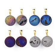 Electroplate Natural Druzy Geode Agate Pendants, with Brass Findings, Round, Golden, Mixed Color, 23.5x20~20.5mm, Hole: 4.5x7mm(G-L479-38-G)