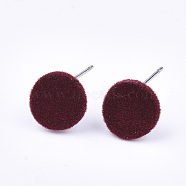 Flocky Iron Stud Earring Findings, with Steel Pins and Loop, Flat Round, Brown, 10mm, Hole: 2mm, Pin: 0.8mm(IFIN-S704-37A)