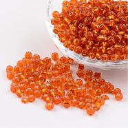 6/0 Round Silver Lined Round Hole Glass Seed Beads, Orange Red, 4mm, Hole: 1.5mm, about 496pcs/50g(X-SEED-A005-4mm-29)