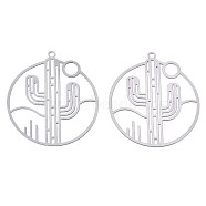 201 Stainless Steel Filigree Pendants, Etched Metal Embellishments, Ring with Cactus, Stainless Steel Color, 33x30x0.3mm, Hole: 1.6mm(X-STAS-S118-027P)