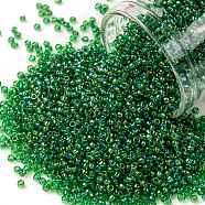 TOHO Round Seed Beads, Japanese Seed Beads, (167B) Transparent AB Grass Green, 15/0, 1.5mm, Hole: 0.7mm, about 3000pcs/bottle, 10g/bottle(SEED-JPTR15-0167B)
