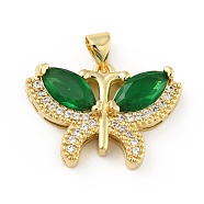 Brass Micro Pave Cubic Zirconia Pendants, Cadmium Free & Lead Free, Long-Lasting Plated, Butterfly, Real 18K Gold Plated, Dark Green, 16.5x23.5x6mm, Hole: 3.5x3.5mm(KK-B059-34G-C)
