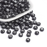 Acrylic Horizontal Hole Letter Beads, Mixed Letters A to Z, double-side pattern, Flat Round, Black, 7x4mm, Hole: 1mm(OACR-E001-17)
