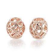 Alloy European Beads, Hollow, Large Hole Beads, Rondelle with Heart, Rose Gold, 11x11mm, Hole: 5mm(PALLOY-T048-25RG)