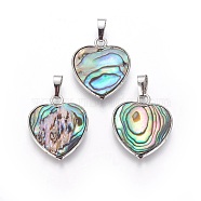 Abalone Shell/Paua Shell Pendants, with Brass Findings, Heart, Platinum, 25.5x21.5x3.5mm, Hole: 4.5x7.5mm(SSHEL-L008-63P)