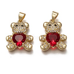 Brass Micro Pave Cubic Zirconia Pendants, Long-Lasting Plated, Real 18K Gold Plated, Inlay Bear Shape, Red, 19.5x16x5.5mm, Hole: 3.5X4mm(X-ZIRC-B002-01G-C)