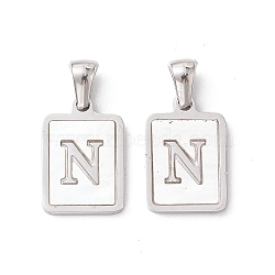 304 Stainless Steel Pave Shell Pendants, Rectangle Charm, Stainless Steel Color, Letter N, 17.5x12x1.5mm, Hole: 3x5mm(STAS-G327-01P-N)