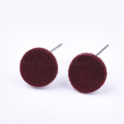Flocky Iron Stud Earring Findings, with Steel Pins and Loop, Flat Round, Brown, 10mm, Hole: 2mm, Pin: 0.8mm(IFIN-S704-37A)