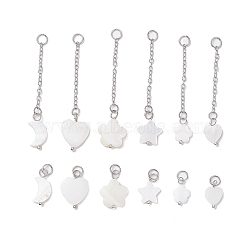 12Pcs 12 Styles Natural Freshwater Shell Big Pendants Set, with Platinum Plated 304 Stainless Steel Open Jump Rings and Brass Cable Chains, Heart & Moon & Star, Mixed Shapes, Seashell Color, 47~53mm, 1pc/style(PALLOY-JF02079)