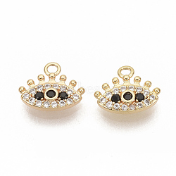 Brass Micro Pave Cubic Zirconia Charms, Nickel Free, Real 18K Gold Plated, Eye, Clear & Black, 8x9.5x2mm, Hole: 1.2mm(X-ZIRC-T011-05G-NF)