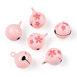 Baking Painted Brass Bell Pendants, Ball with Sakura, Pink, 23x18x18mm, Hole: 2.5mm(KKB-S002-019A)
